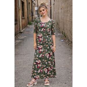 Bongo Y2K Green Floral Two-Piece Skirt Set Size Large Scoop Neck Maxi Skirt